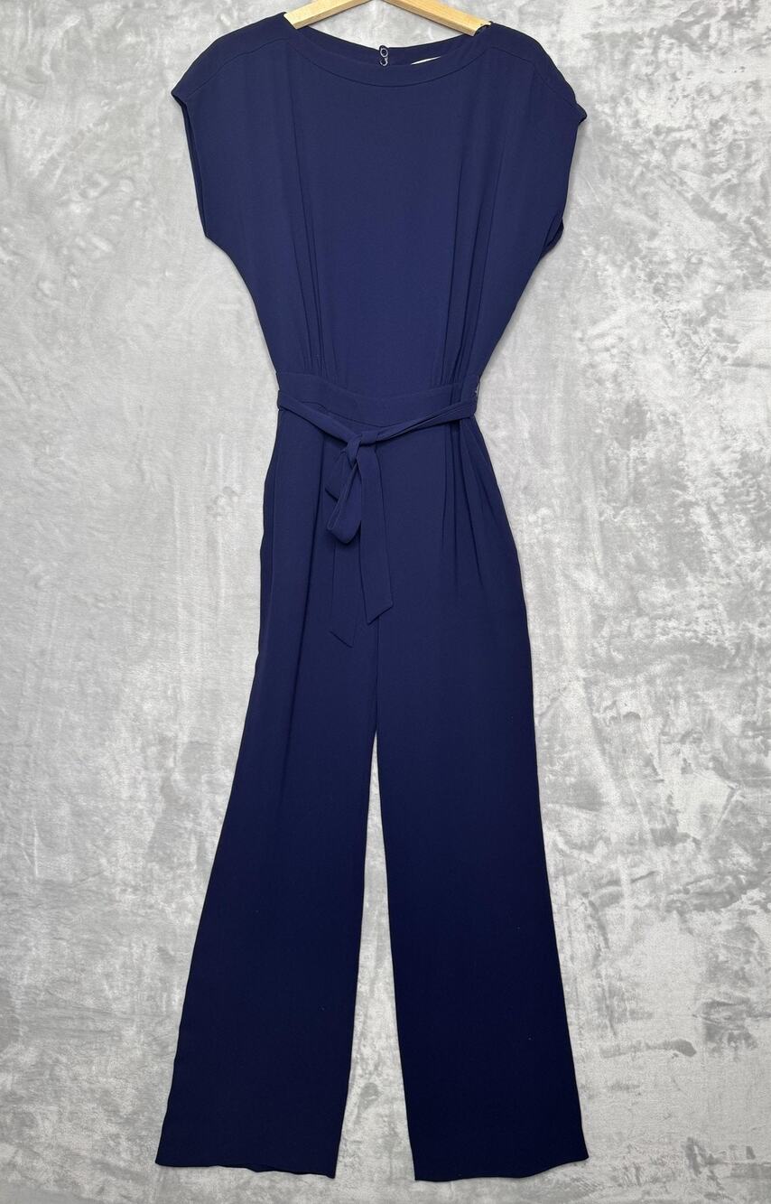 Diane von Furstenberg Jumpsuit Womens 2 Navy Sandra Tie Belt Wide Leg Pockets